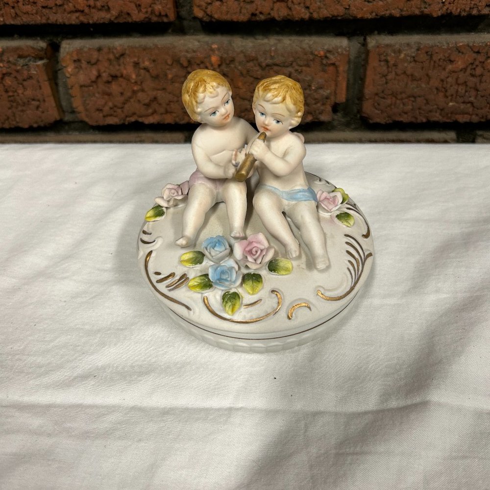 Vintage Ardco Porcelain Trinket Vanity Box Cherubs, Original made in Japan